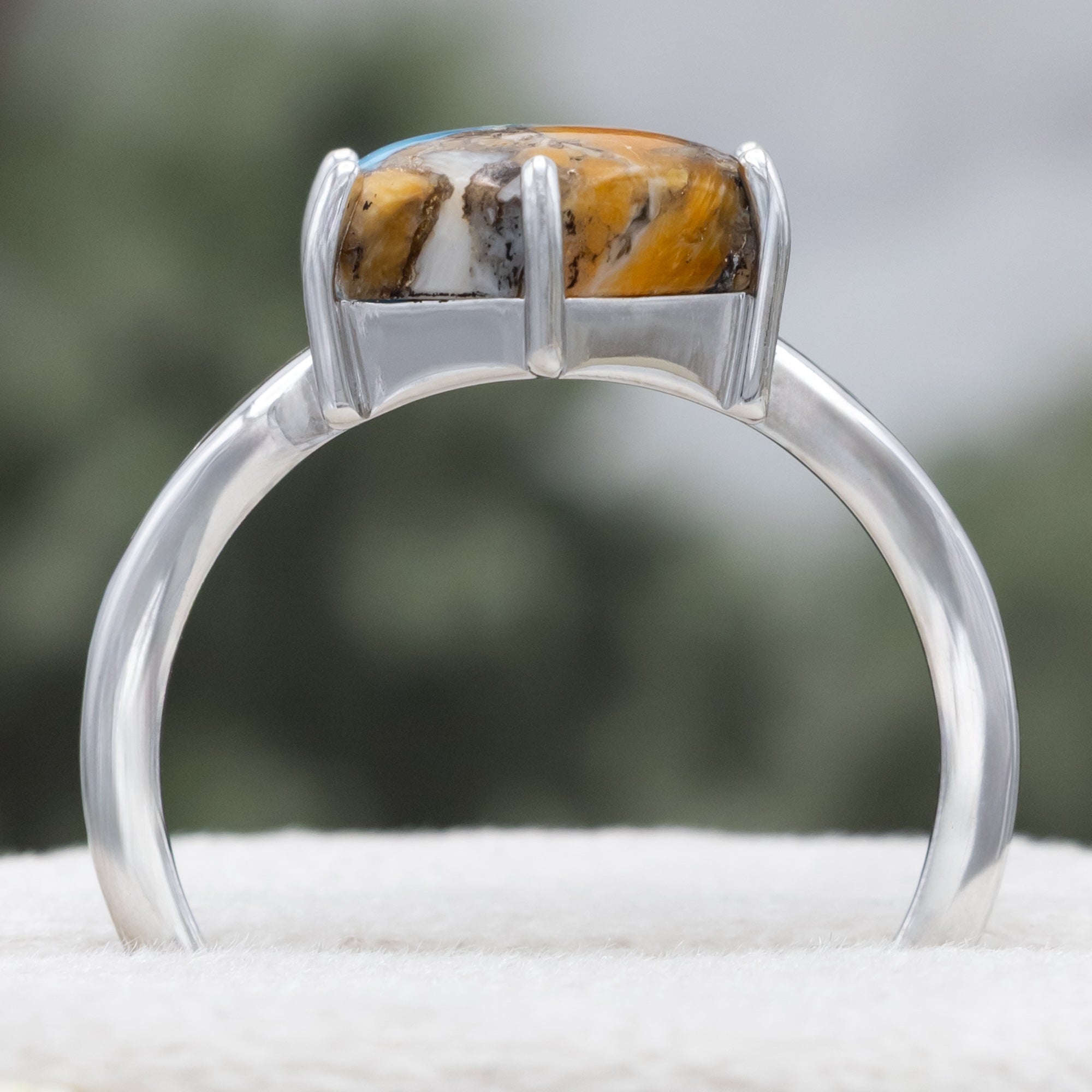 "LOVE STORY" - HEXAGON CABOCHON CUT SPINY OYSTER TURQUOISE ENGAGEMENT RING WITH FIRE & ICE OPAL INLAYS