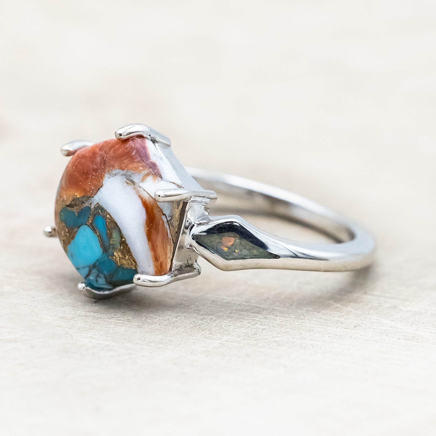 "LOVE STORY" - HEXAGON SPINY OYSTER TURQUOISE ENGAGEMENT RING WITH FIRE & ICE OPAL INLAYS-Staghead Designs