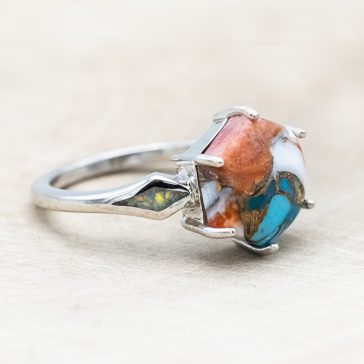 "LOVE STORY" - HEXAGON SPINY OYSTER TURQUOISE ENGAGEMENT RING WITH FIRE & ICE OPAL INLAYS-Staghead Designs