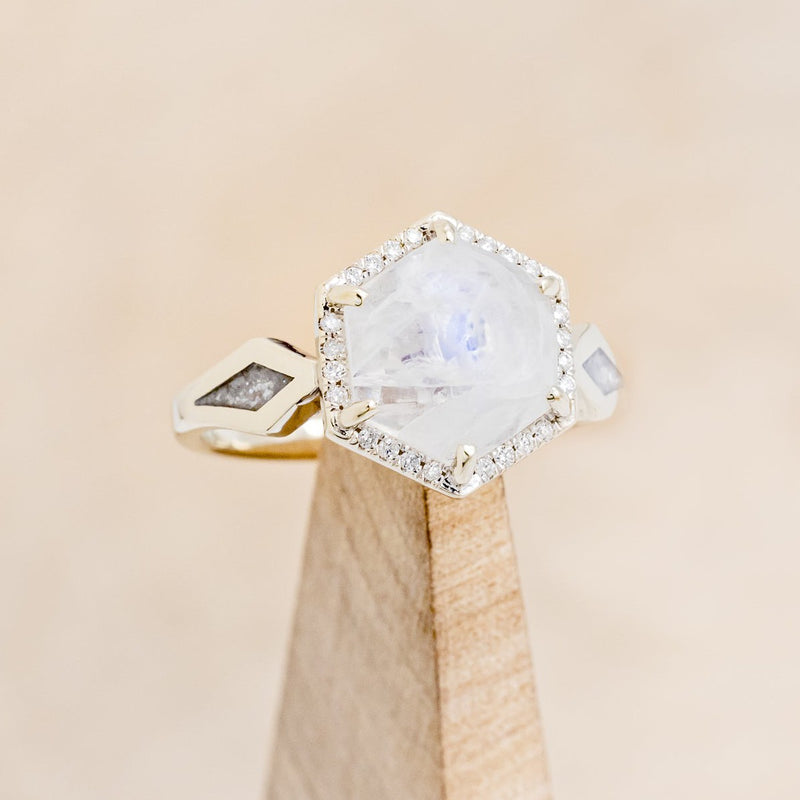 "CRAZY ON YOU" - HEXAGON MOONSTONE ENGAGEMENT RING WITH DIAMOND HALO & DIAMOND DUST INLAYS-1