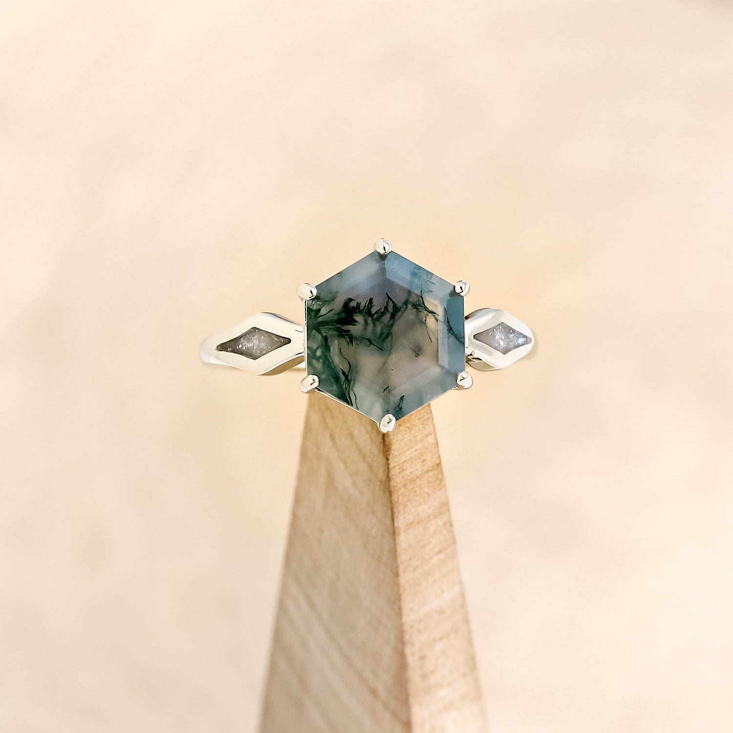"LOVE STORY" - HEXAGON MOSS AGATE ENGAGEMENT RING WITH DIAMOND DUST INLAYS-12