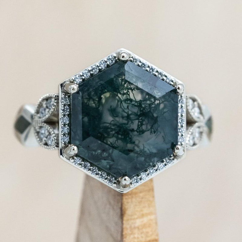 "LUCY IN THE SKY" - HEXAGON CUT MOSS AGATE ENGAGEMENT RING WITH DIAMOND HALO & MOSS INLAYS