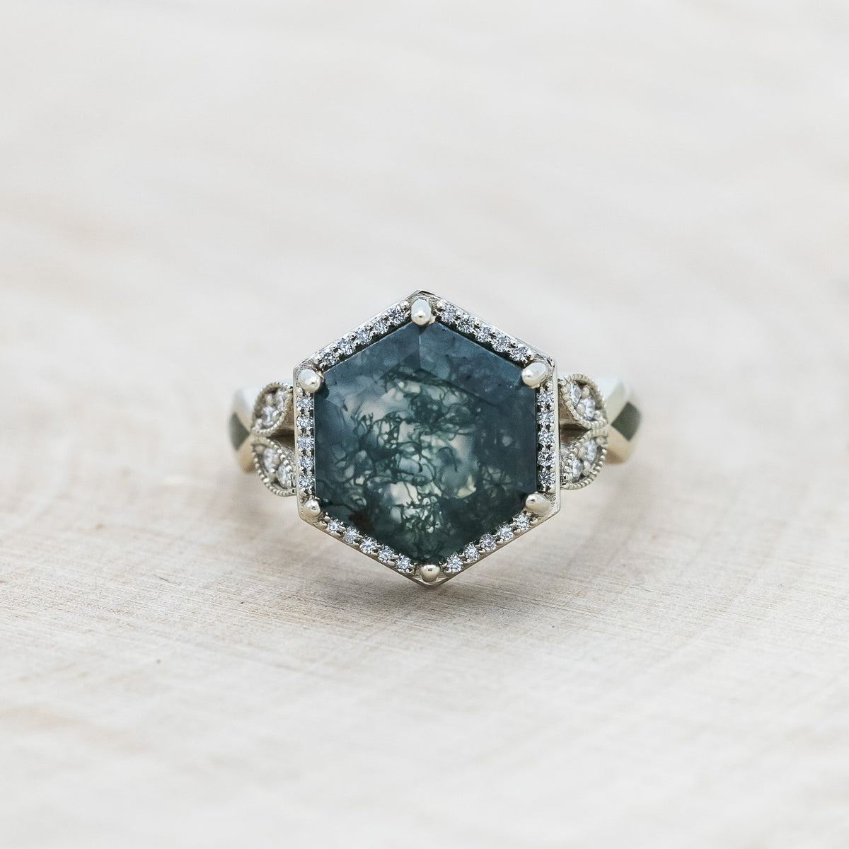 Moss Agate Engagement Ring w/ Diamond Accents & Moss Inlays