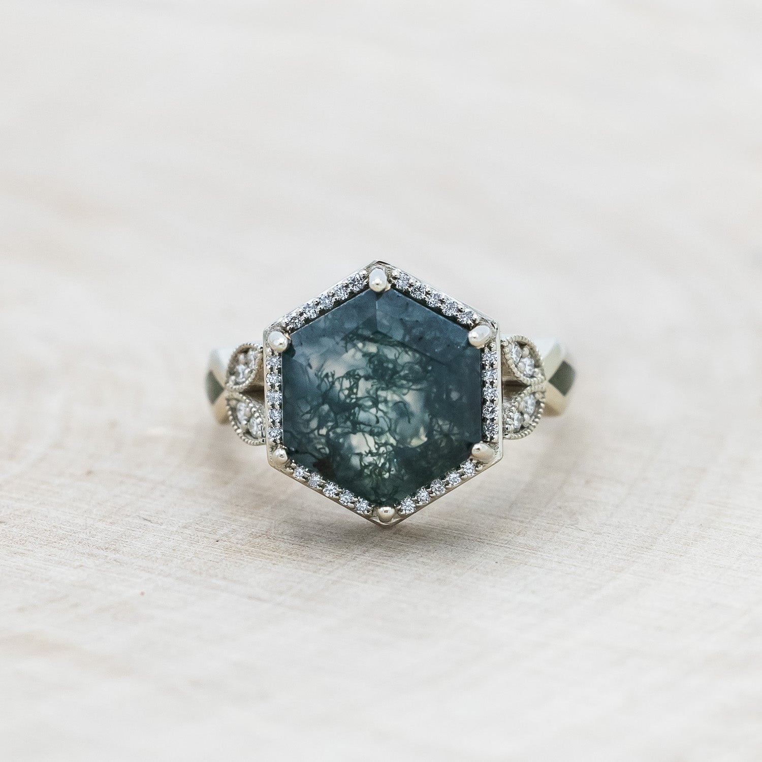 "LUCY IN THE SKY" - HEXAGON CUT MOSS AGATE ENGAGEMENT RING WITH DIAMOND HALO & MOSS INLAYS-Staghead Designs