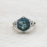 "LUCY IN THE SKY" - HEXAGON CUT MOSS AGATE ENGAGEMENT RING WITH DIAMOND HALO & MOSS INLAYS