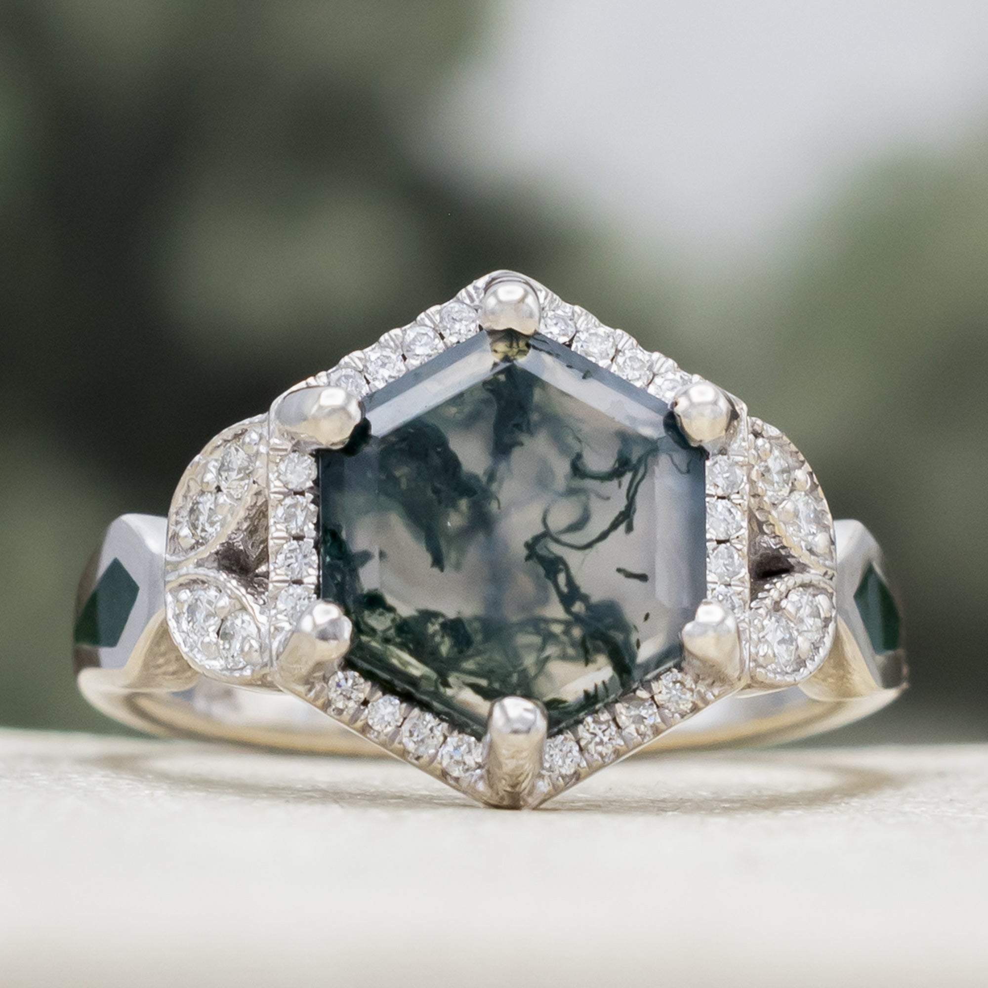 "Lucy In The Sky" - Hexagon Cut Moss Agate Engagement Ring With Moss Inlays & Diamond Ring Guard Or Tracer-Staghead Designs