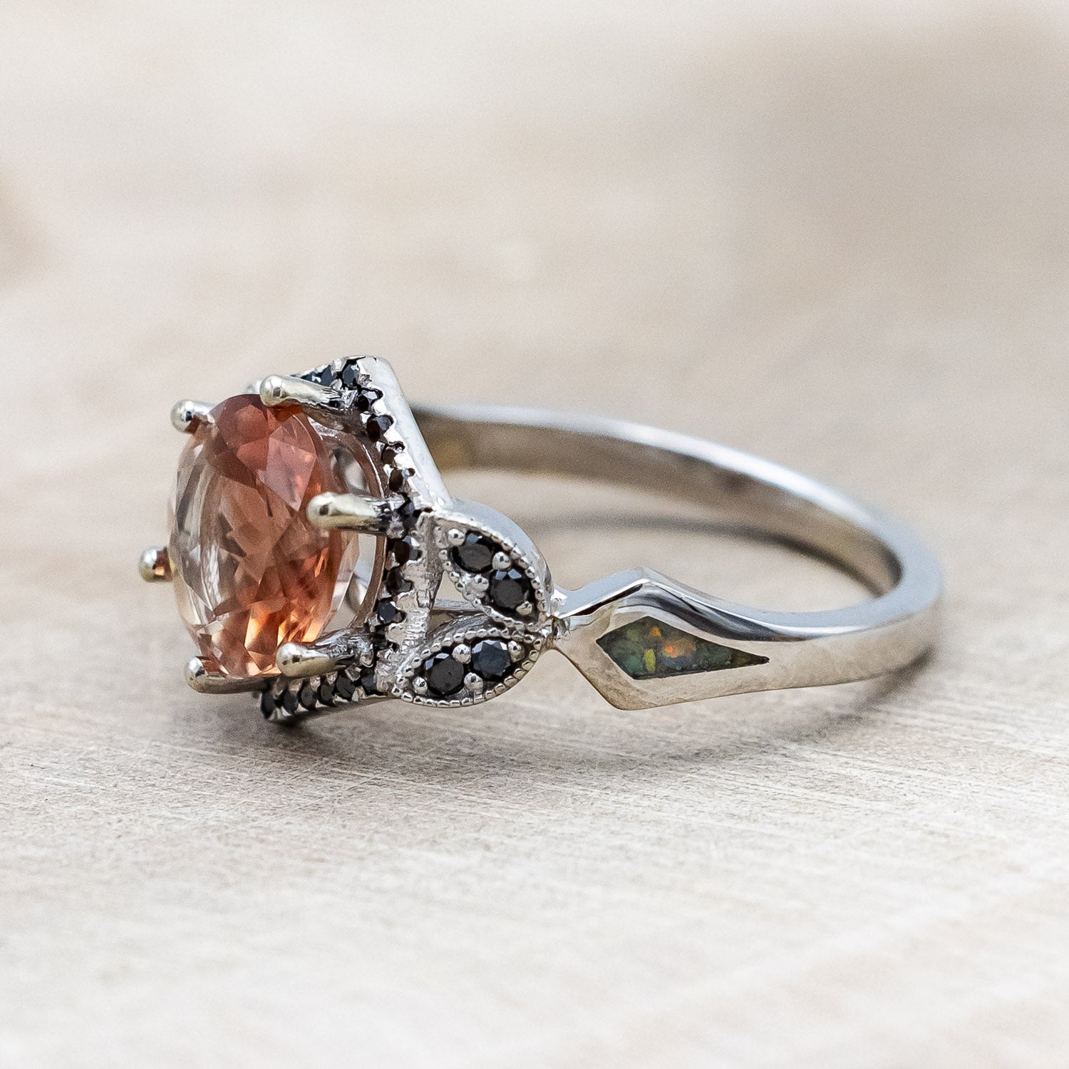 "LUCY IN THE SKY" - ROUND CUT OREGON SUNSTONE ENGAGEMENT RING WITH BLACK DIAMOND ACCENTS & FIRE AND ICE OPAL INLAYS-Staghead Designs