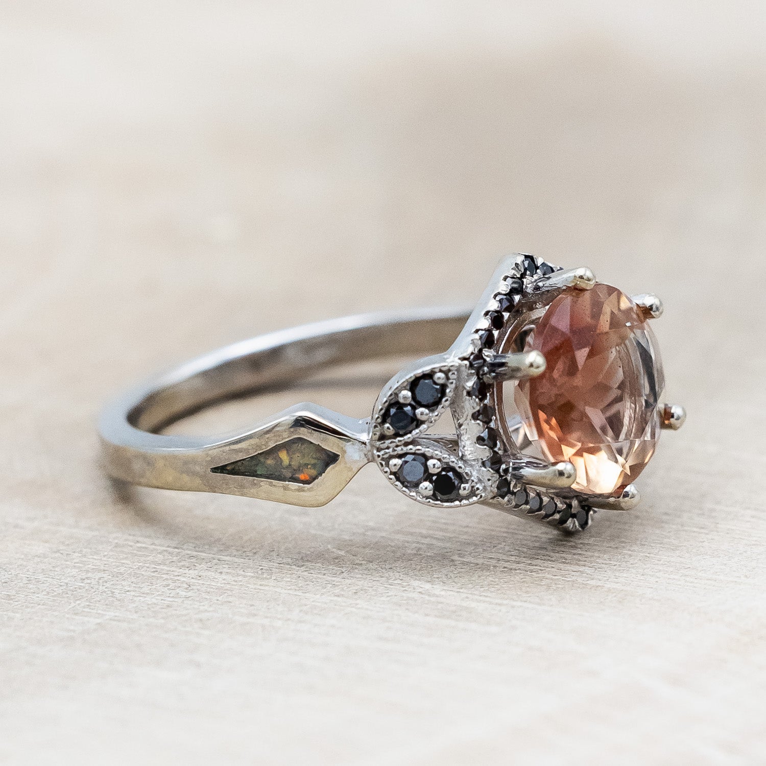 "LUCY IN THE SKY" - ROUND CUT OREGON SUNSTONE ENGAGEMENT RING WITH BLACK DIAMOND ACCENTS & FIRE AND ICE OPAL INLAYS-Staghead Designs