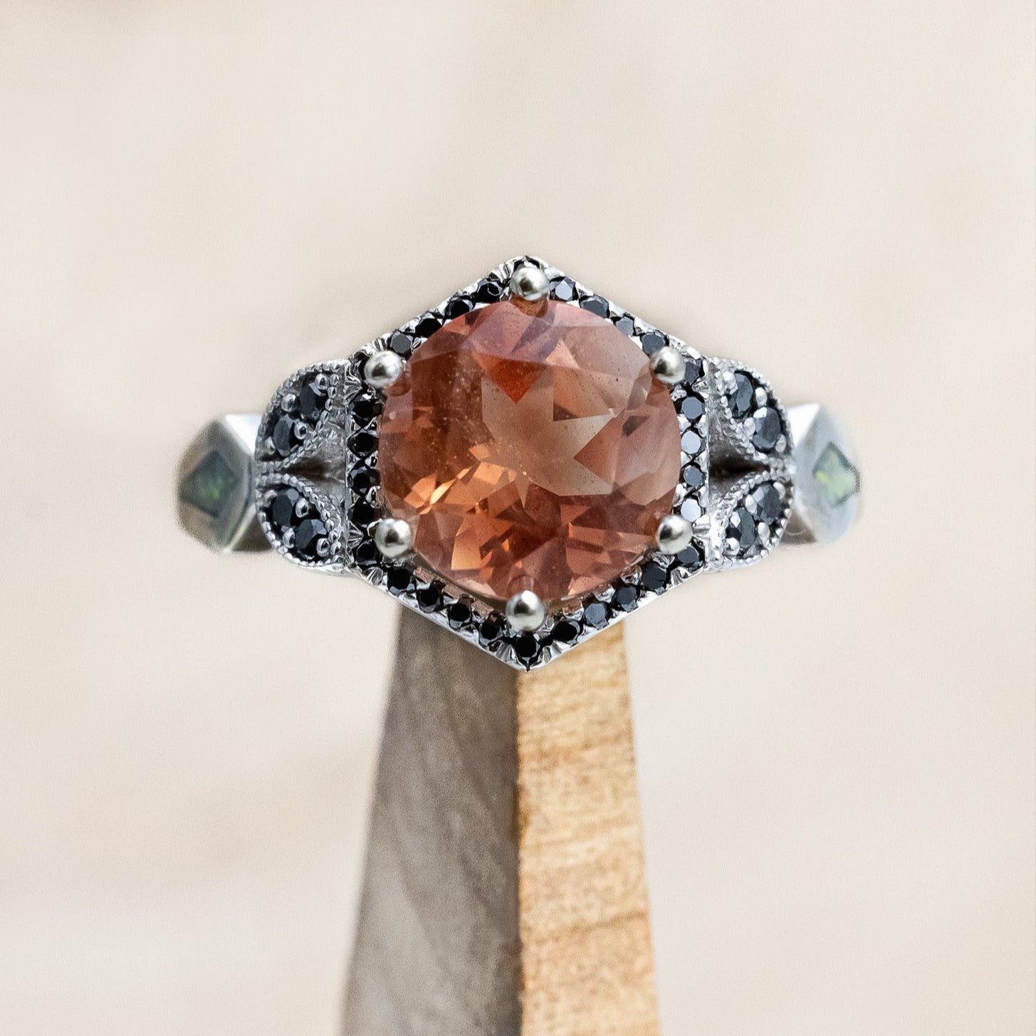 "LUCY IN THE SKY" - ROUND CUT OREGON SUNSTONE ENGAGEMENT RING WITH BLACK DIAMOND ACCENTS & FIRE AND ICE OPAL INLAYS-Staghead Designs