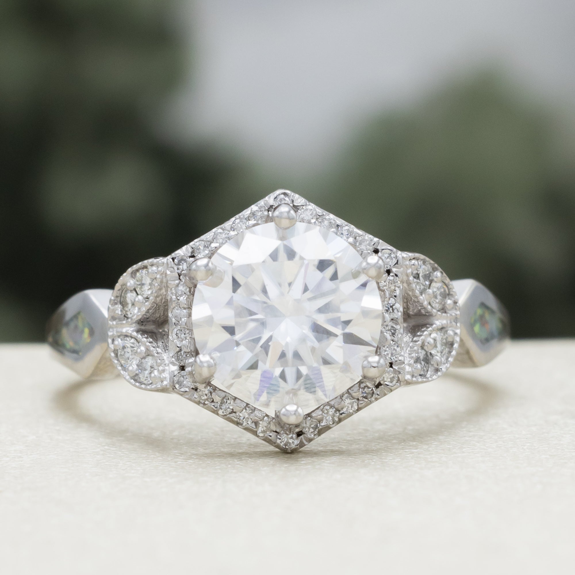 "Lucy In The Sky" - Round Cut Moissanite Engagement Ring With Diamond Accents & Fire And Ice Opal Inlays