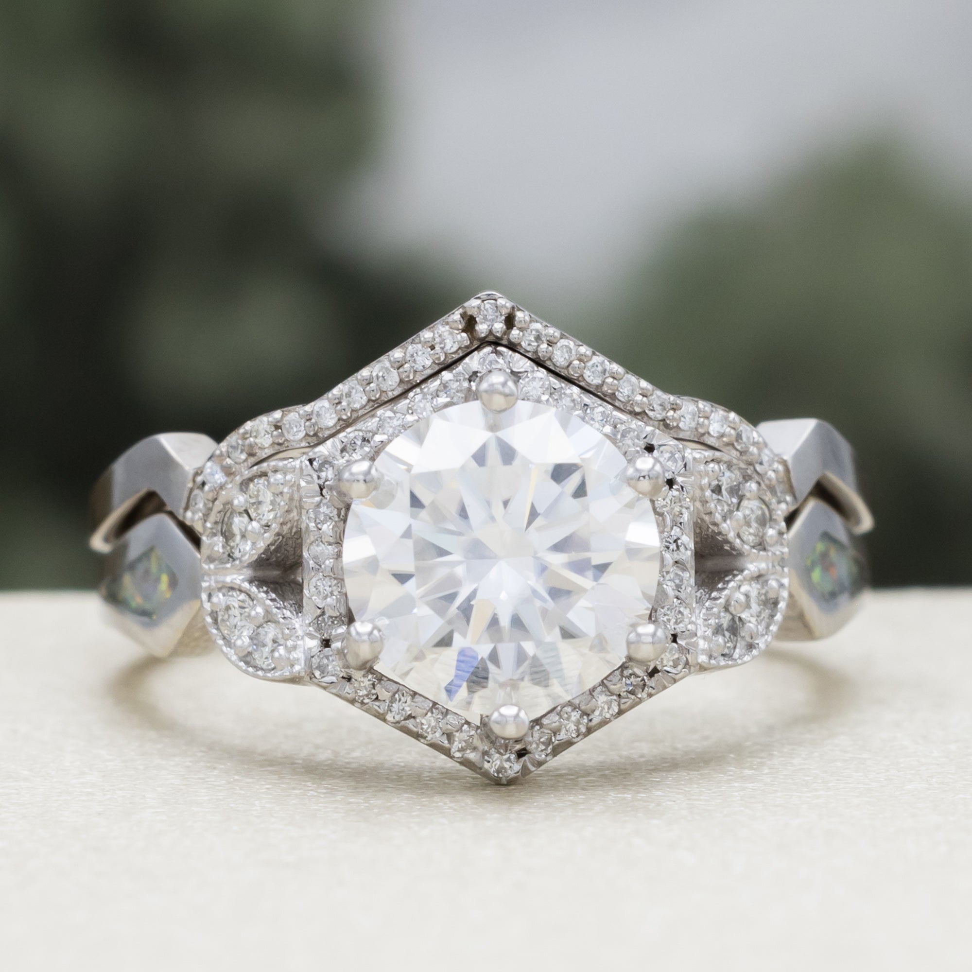 "Lucy In The Sky" - Round Cut Moissanite Engagement Ring With Diamond Accents & Fire And Ice Opal Inlays