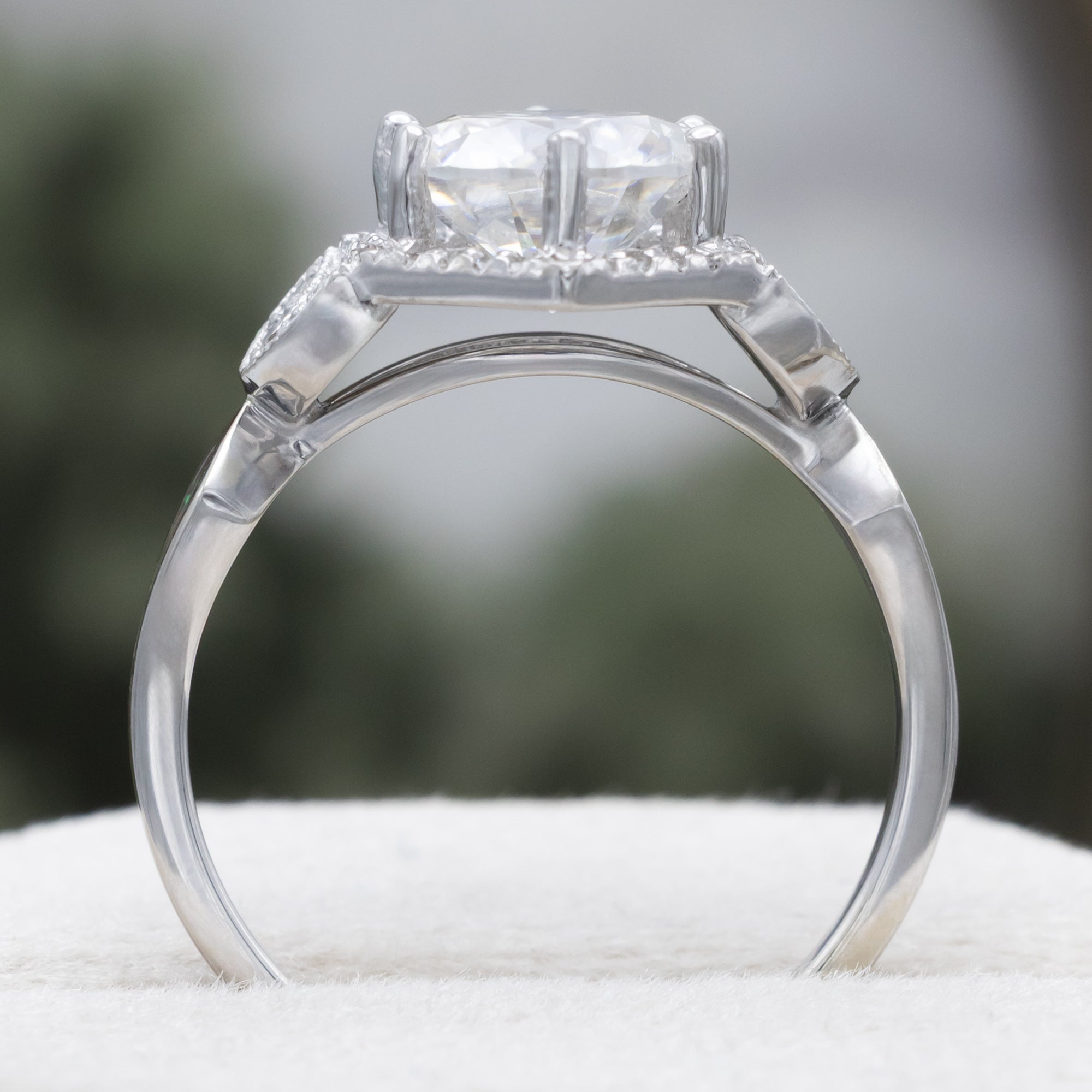 "Lucy In The Sky" - Round Cut Moissanite Engagement Ring With Diamond Accents & Fire And Ice Opal Inlays