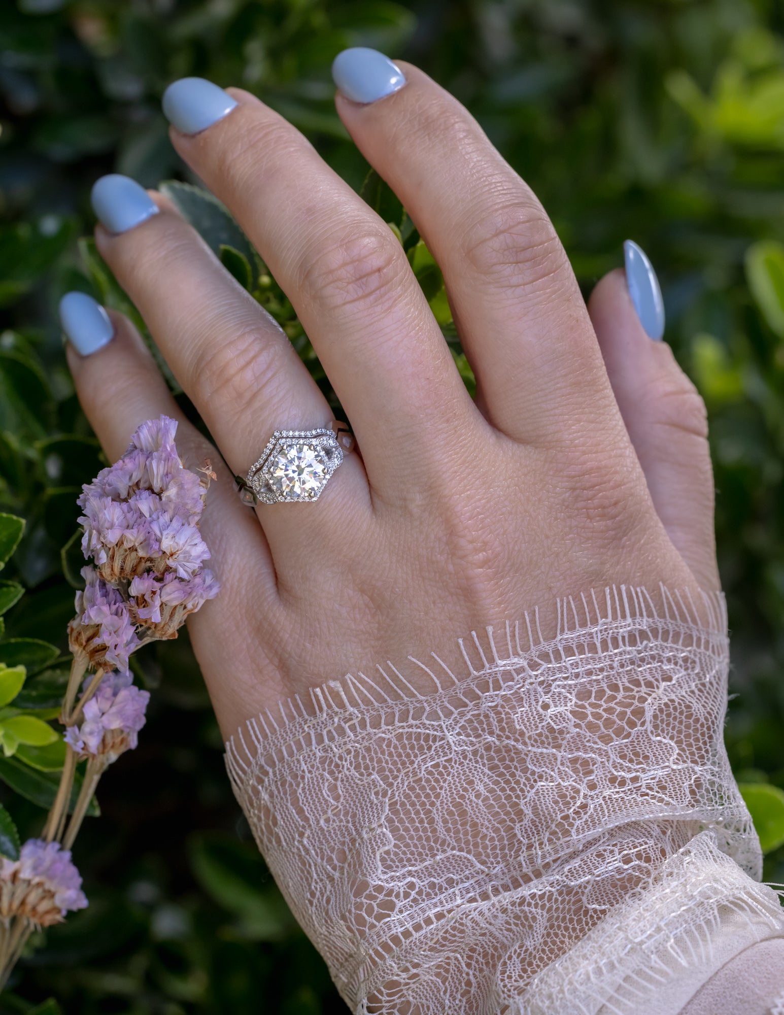 "Lucy In The Sky" - Round Cut Moissanite Engagement Ring With Diamond Accents & Fire And Ice Opal Inlays