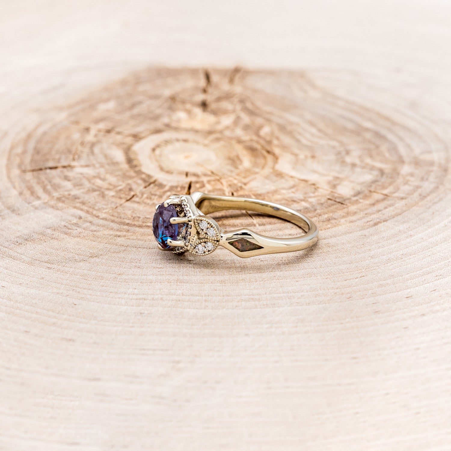 "LUCY IN THE SKY" PETITE - ROUND CUT LAB-GROWN ALEXANDRITE ENGAGEMENT RING WITH DIAMOND ACCENTS & FIRE & ICE OPAL INLAYS-3