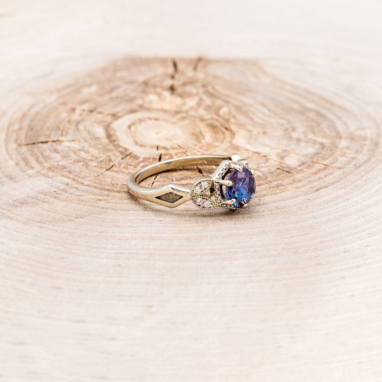 "LUCY IN THE SKY" PETITE - ROUND CUT LAB-GROWN ALEXANDRITE ENGAGEMENT RING WITH DIAMOND ACCENTS & FIRE & ICE OPAL INLAYS-2