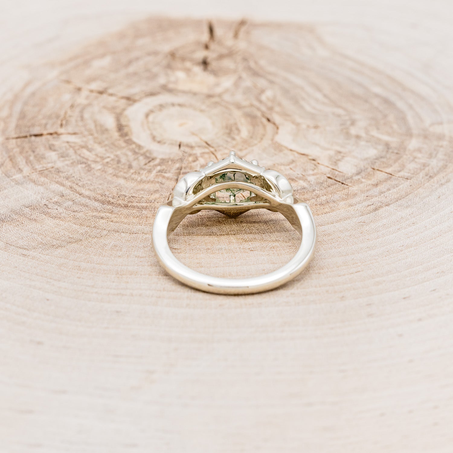 "LUCY IN THE SKY" PETITE - ROUND MOSS AGATE ENGAGEMENT RING WITH DIAMOND HALO & MOSS INLAYS - READY TO SHIP-Staghead Designs