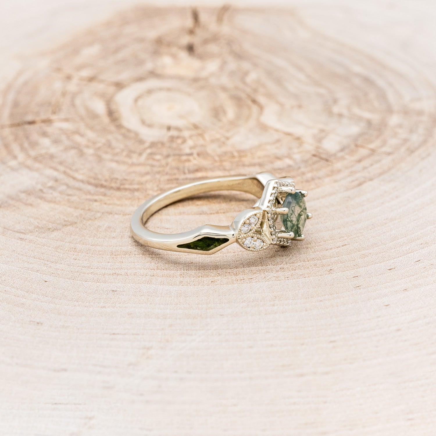 "LUCY IN THE SKY" PETITE - ROUND MOSS AGATE ENGAGEMENT RING WITH DIAMOND HALO & MOSS INLAYS - READY TO SHIP-Staghead Designs