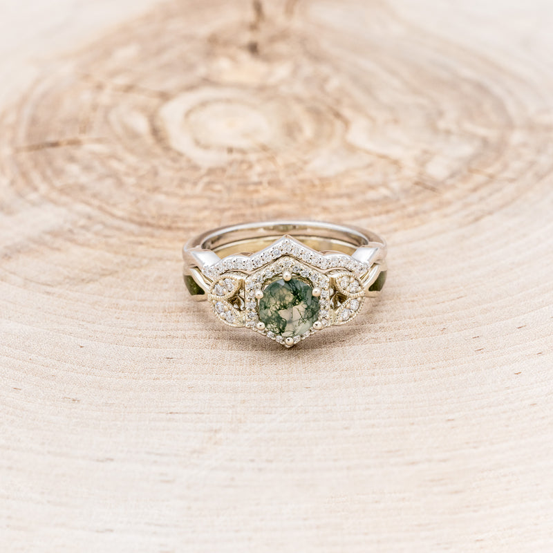 "LUCY IN THE SKY" PETITE - ROUND MOSS AGATE ENGAGEMENT RING WITH DIAMOND HALO, MOSS INLAYS AND DIAMOND TRACER-4