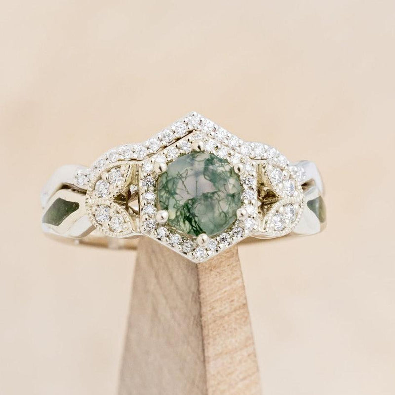 "LUCY IN THE SKY" PETITE - ROUND MOSS AGATE ENGAGEMENT RING WITH DIAMOND HALO, MOSS INLAYS AND DIAMOND TRACER-1