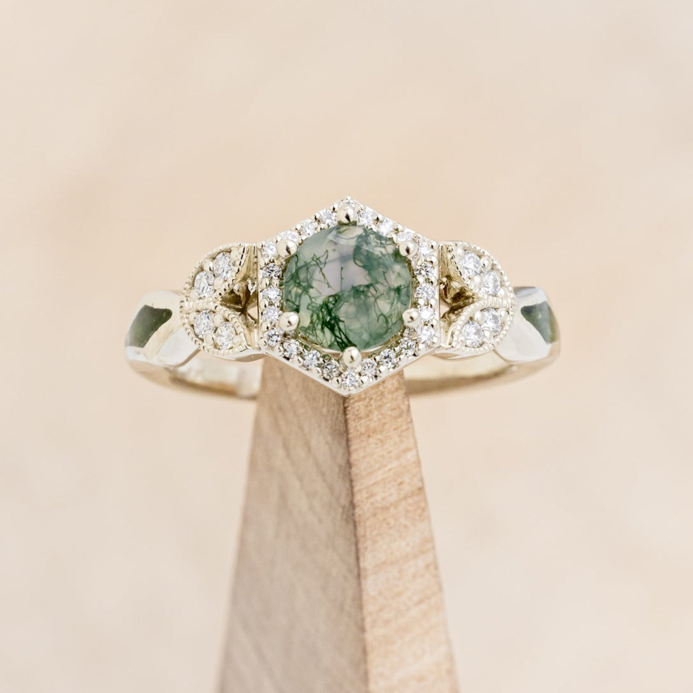 "LUCY IN THE SKY" PETITE - ROUND MOSS AGATE ENGAGEMENT RING WITH DIAMOND HALO & MOSS INLAYS - READY TO SHIP-Staghead Designs
