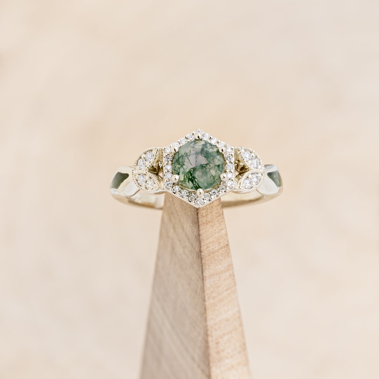 "LUCY IN THE SKY" PETITE - ROUND MOSS AGATE ENGAGEMENT RING WITH DIAMOND HALO & MOSS INLAYS - READY TO SHIP-Staghead Designs