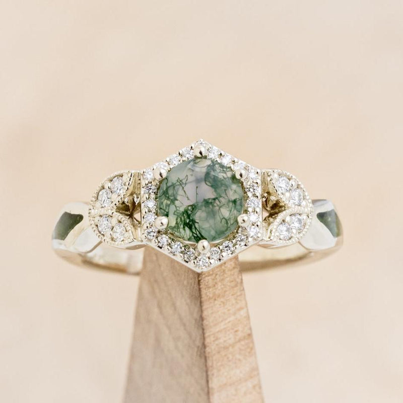 "LUCY IN THE SKY" PETITE - ROUND MOSS AGATE ENGAGEMENT RING WITH DIAMOND HALO, MOSS INLAYS AND DIAMOND TRACER-7