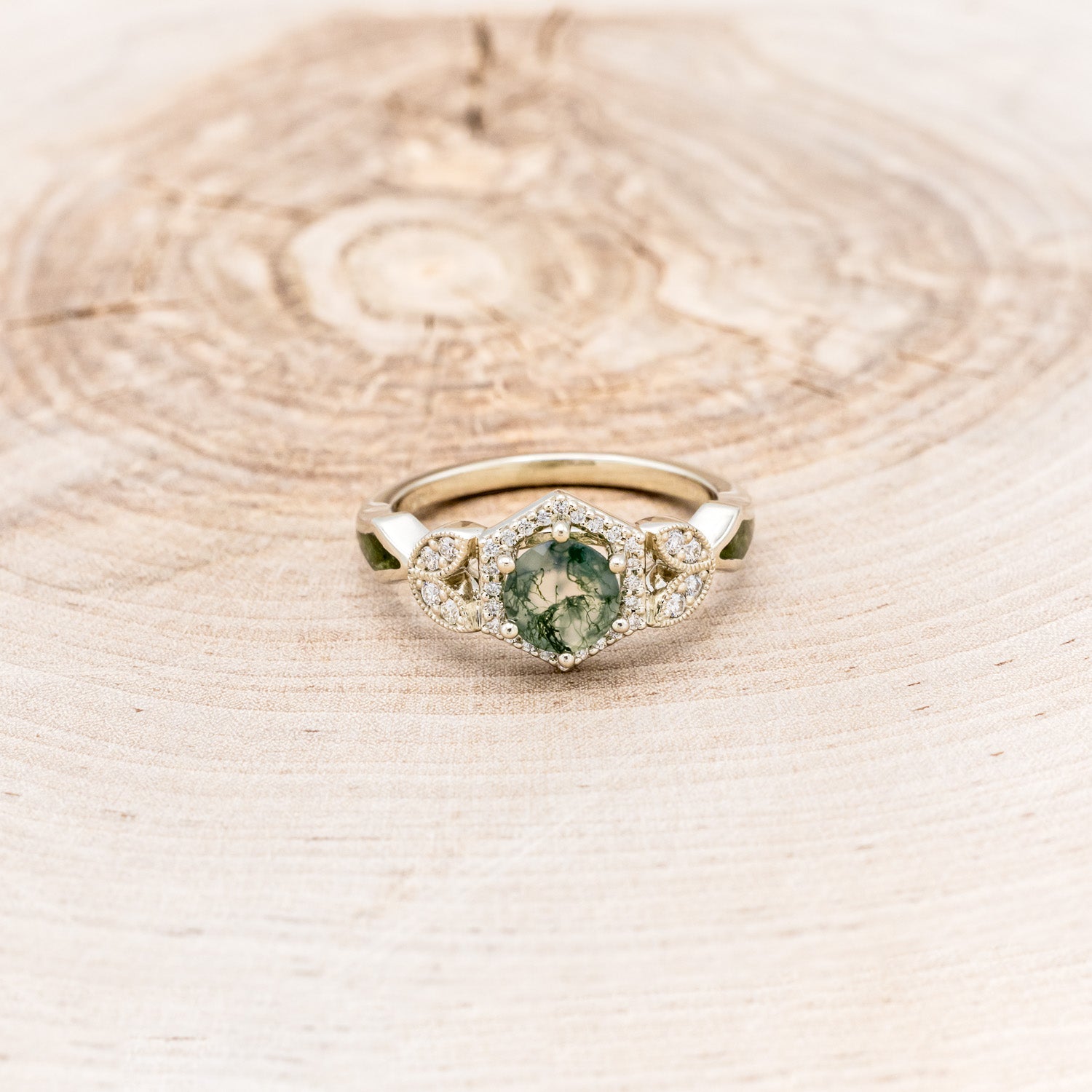 "LUCY IN THE SKY" PETITE - ROUND MOSS AGATE ENGAGEMENT RING WITH DIAMOND HALO & MOSS INLAYS - READY TO SHIP-Staghead Designs
