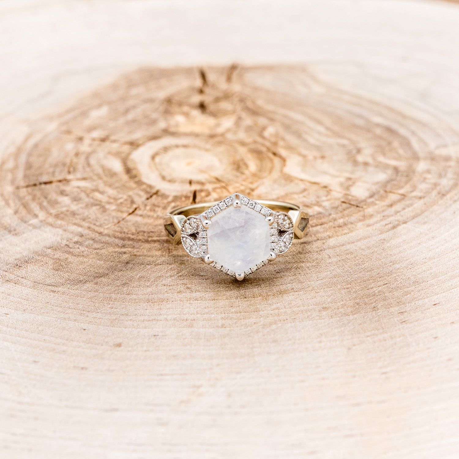 MATCHING SET OF "LUCY IN THE SKY" FACETED HEXAGON MOONSTONE & "DYAD" ANTLER INLAY WEDDING RINGS-11