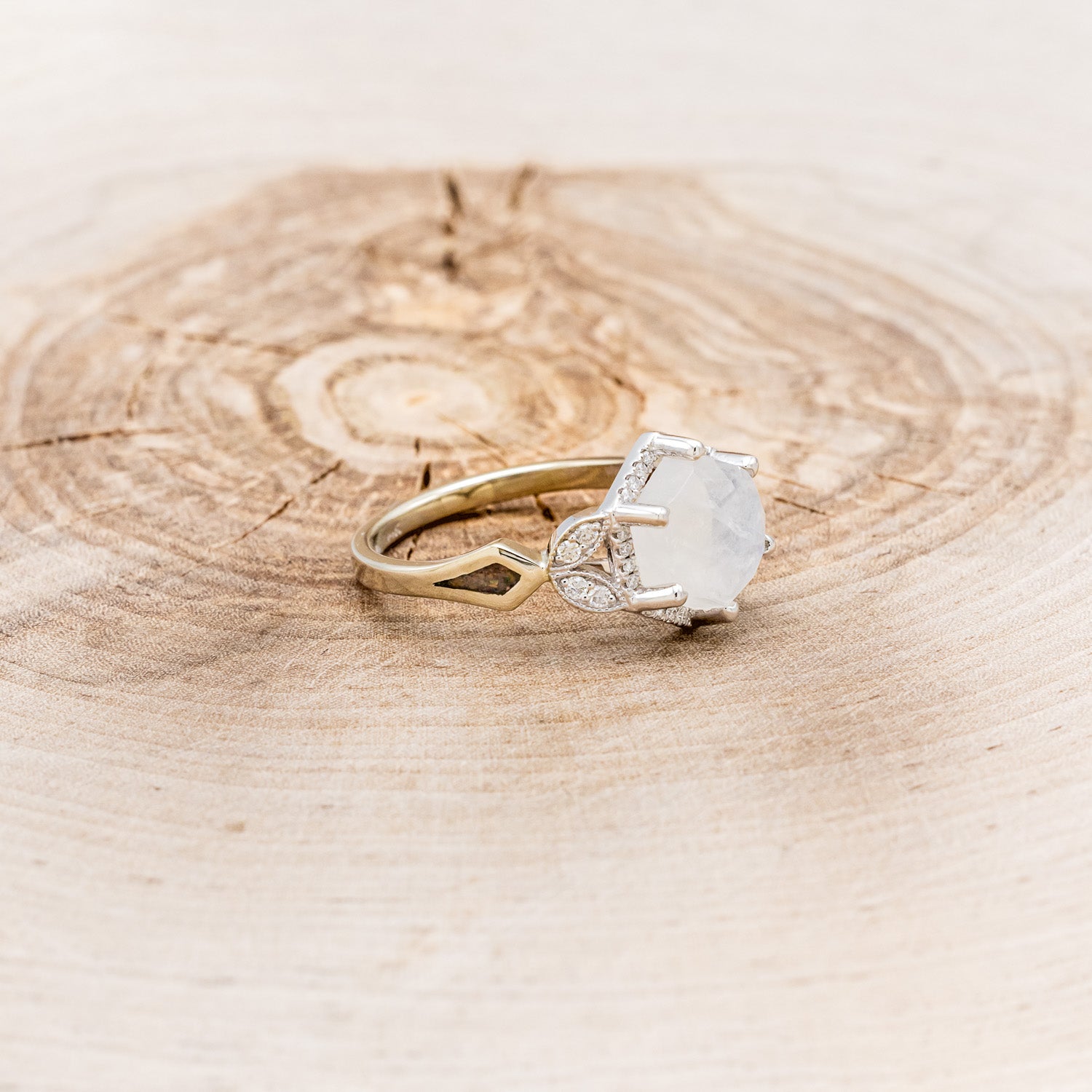MATCHING SET OF "LUCY IN THE SKY" FACETED HEXAGON MOONSTONE & "DYAD" ANTLER INLAY WEDDING RINGS-9