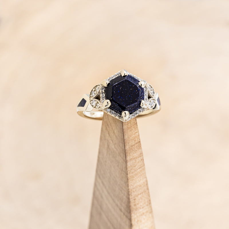 "LUCY IN THE SKY" - HEXAGON BLUE GOLDSTONE ENGAGEMENT RING WITH DIAMOND HALO & GOLDSTONE INLAYS-8