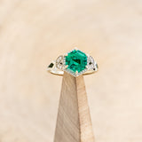 "LUCY IN THE SKY" - HEXAGON LAB GROWN EMERALD ENGAGEMENT RING WITH DIAMOND HALO & MOSS INLAYS-7