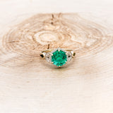 "LUCY IN THE SKY" - HEXAGON LAB GROWN EMERALD ENGAGEMENT RING WITH DIAMOND HALO & MOSS INLAYS-10