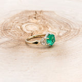 "LUCY IN THE SKY" - HEXAGON LAB GROWN EMERALD ENGAGEMENT RING WITH DIAMOND HALO & MOSS INLAYS-8