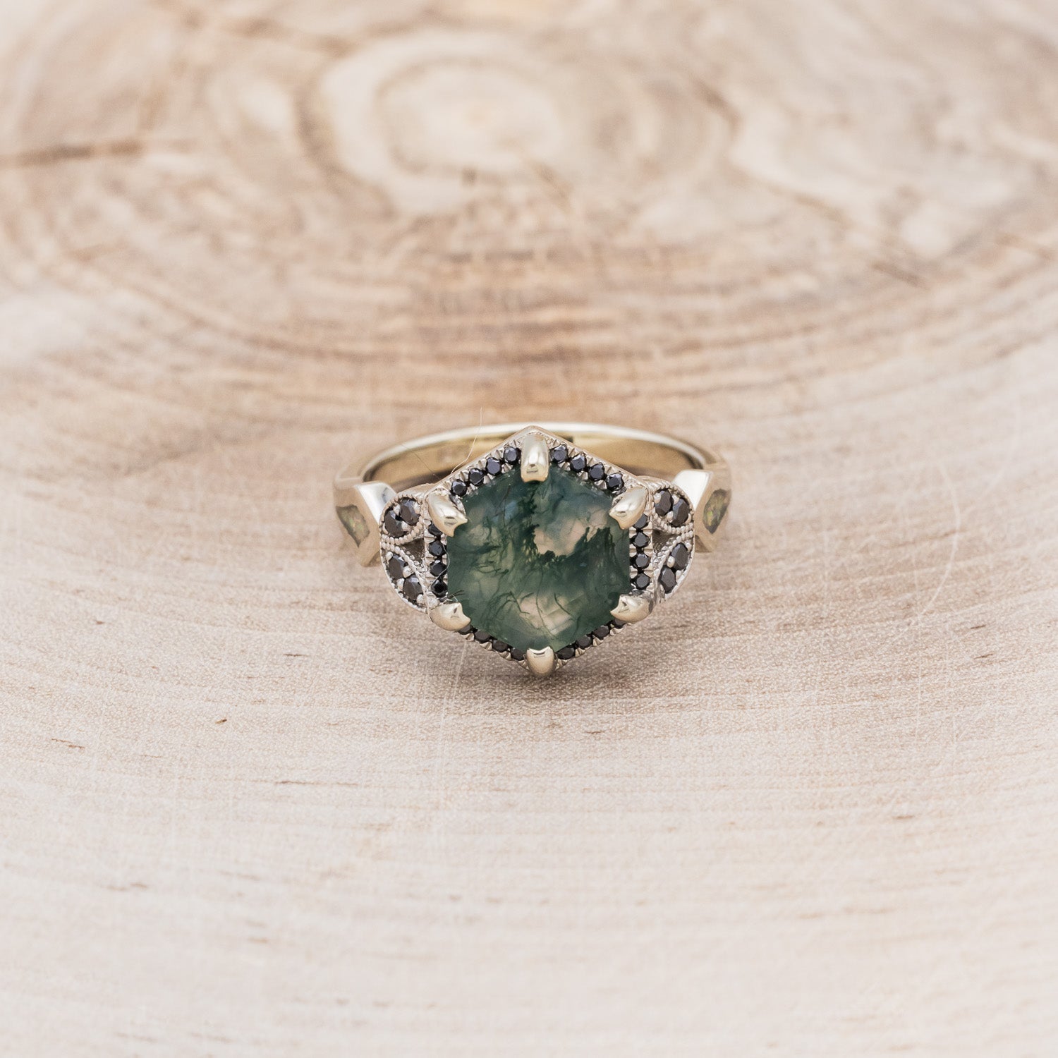 "LUCY IN THE SKY" - HEXAGON MOSS AGATE ENGAGEMENT RING WITH BLACK DIAMOND HALO & FIRE & ICE OPAL INLAYS-4