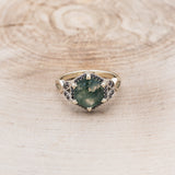 "LUCY IN THE SKY" - HEXAGON MOSS AGATE ENGAGEMENT RING WITH BLACK DIAMOND HALO & FIRE & ICE OPAL INLAYS