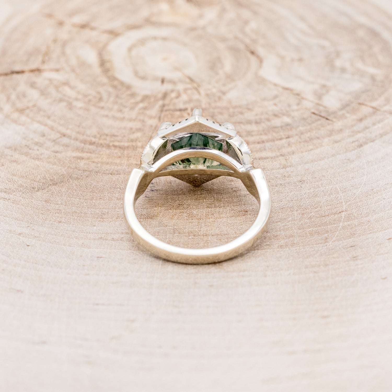 "LUCY IN THE SKY" - HEXAGON MOSS AGATE ENGAGEMENT RING WITH BLACK DIAMOND HALO & MOSS INLAYS - EXPEDITED-5