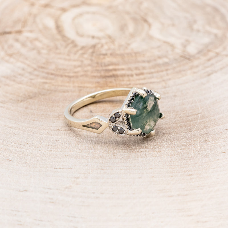 "LUCY IN THE SKY" - HEXAGON MOSS AGATE ENGAGEMENT RING WITH BLACK DIAMOND HALO & MOSS INLAYS - EXPEDITED-2