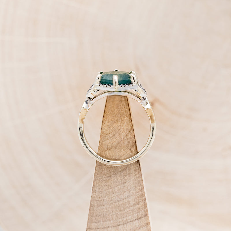 "LUCY IN THE SKY" - HEXAGON MOSS AGATE ENGAGEMENT RING WITH BLACK DIAMOND HALO & MOSS INLAYS - EXPEDITED-6