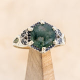 "LUCY IN THE SKY" - HEXAGON MOSS AGATE ENGAGEMENT RING WITH BLACK DIAMOND HALO & FIRE AND ICE OPAL INLAYS