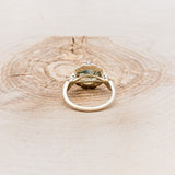 "LUCY IN THE SKY" - HEXAGON MOSS AGATE ENGAGEMENT RING WITH DIAMOND HALO, MOSS INLAYS & ROSEBUD ACCENTS