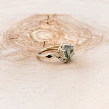 "LUCY IN THE SKY" - HEXAGON MOSS AGATE ENGAGEMENT RING WITH DIAMOND HALO, MOSS INLAYS & ROSEBUD ACCENTS