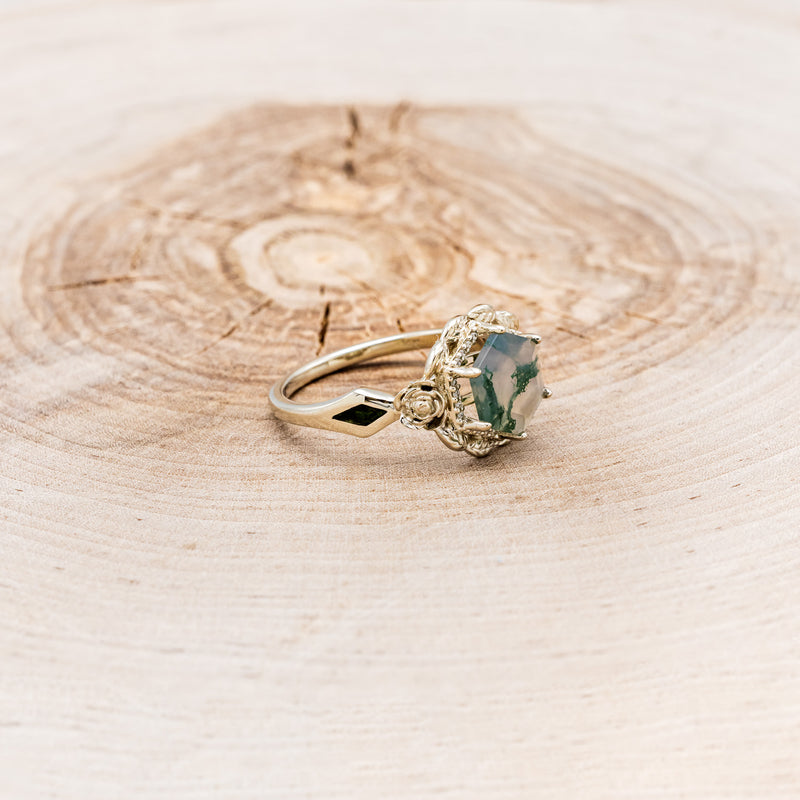 "LUCY IN THE SKY" - HEXAGON MOSS AGATE ENGAGEMENT RING WITH DIAMOND HALO, MOSS INLAYS & ROSEBUD ACCENTS