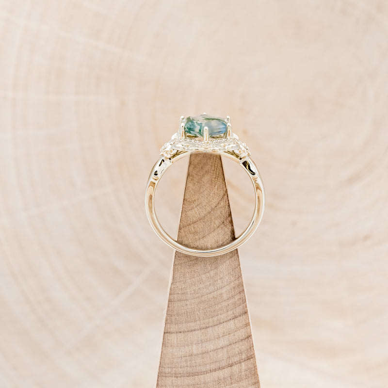 "LUCY IN THE SKY" - HEXAGON MOSS AGATE ENGAGEMENT RING WITH DIAMOND HALO, MOSS INLAYS & ROSEBUD ACCENTS