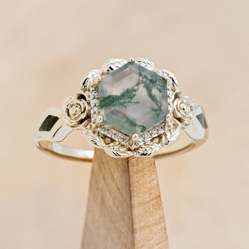 "LUCY IN THE SKY" - HEXAGON MOSS AGATE ENGAGEMENT RING WITH DIAMOND HALO, MOSS INLAYS & ROSEBUD ACCENTS-1