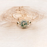 "LUCY IN THE SKY" - HEXAGON MOSS AGATE ENGAGEMENT RING WITH DIAMOND HALO, MOSS INLAYS & ROSEBUD ACCENTS-4