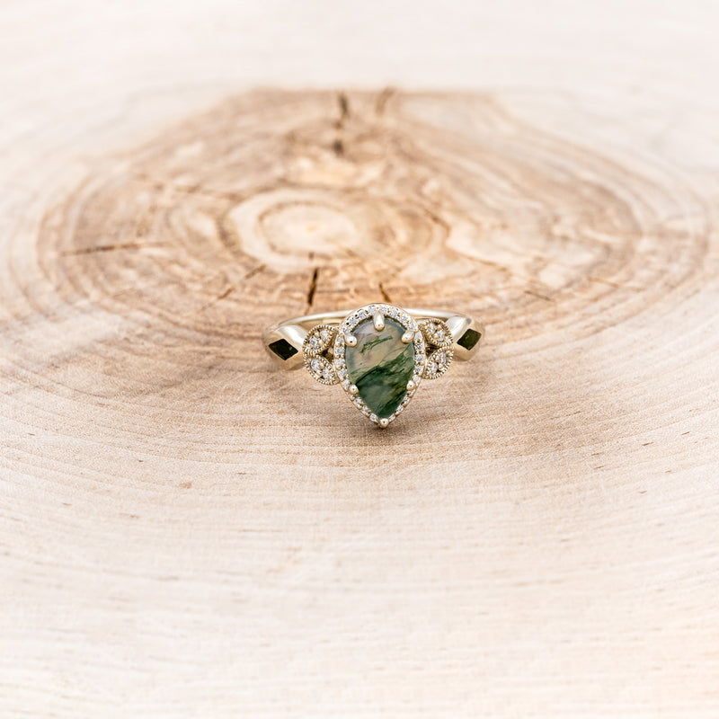 "LUCY IN THE SKY" - PEAR-SHAPED MOSS AGATE ENGAGEMENT RING WITH DIAMOND HALO & MOSS INLAYS-4