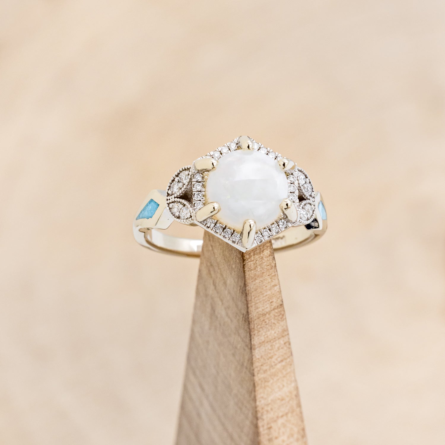"LUCY IN THE SKY" - ROUND CUT WHITE OPAL ENGAGEMENT RING WITH DIAMOND ACCENTS & TURQUOISE INLAYS-7