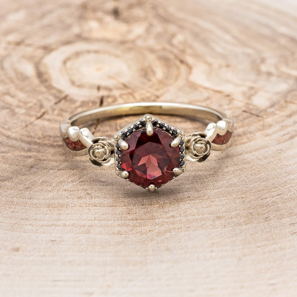 "LUCY IN THE SKY" - ROUND CUT GARNET ENGAGEMENT RING WITH A BLACK DIAMOND HALO, METAL ROSE ACCENTS & BAT WING SHAPED RED OPAL INLAYS-4