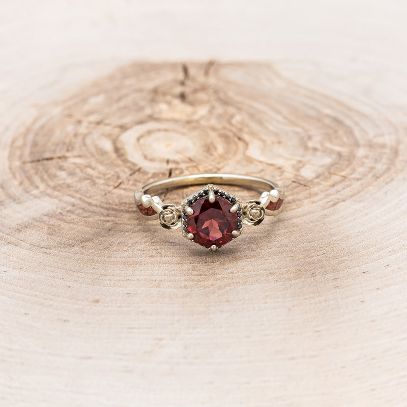 "LUCY IN THE SKY" - ROUND CUT GARNET ENGAGEMENT RING WITH A BLACK DIAMOND HALO, METAL ROSE ACCENTS & BAT WING SHAPED RED OPAL INLAYS-4