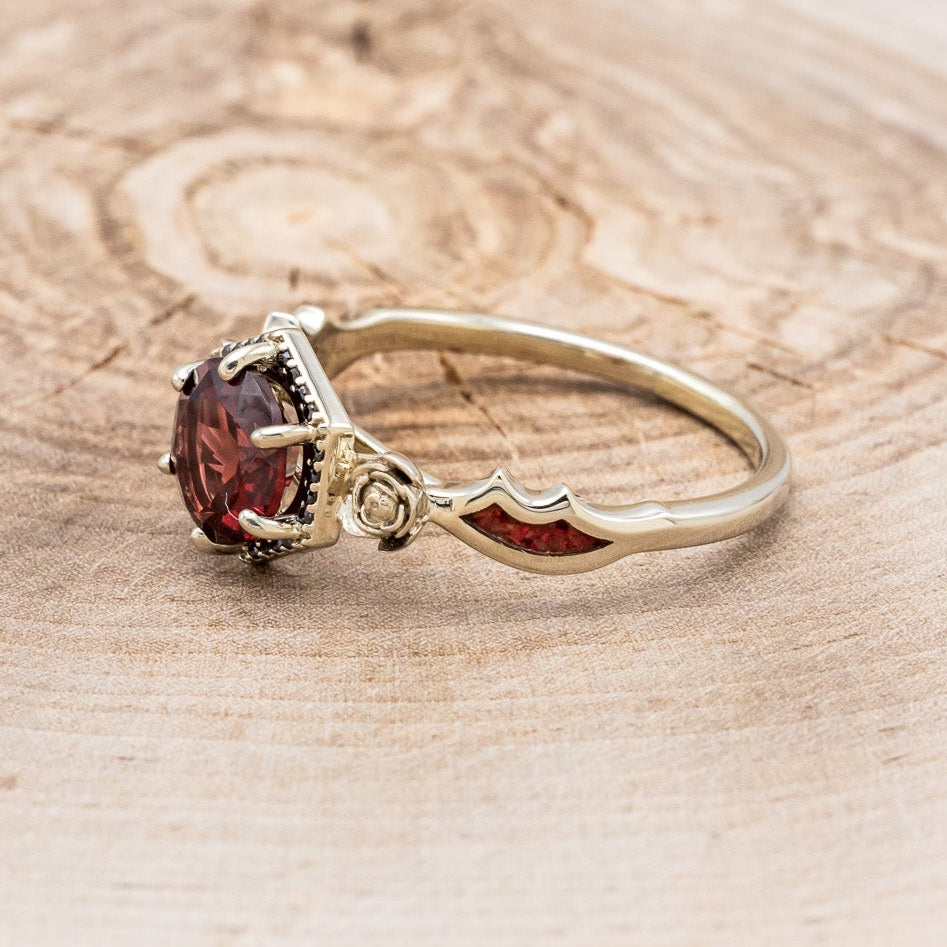 "LUCY IN THE SKY" - ROUND CUT GARNET ENGAGEMENT RING WITH A BLACK DIAMOND HALO, METAL ROSE ACCENTS & BAT WING SHAPED RED OPAL INLAYS-3